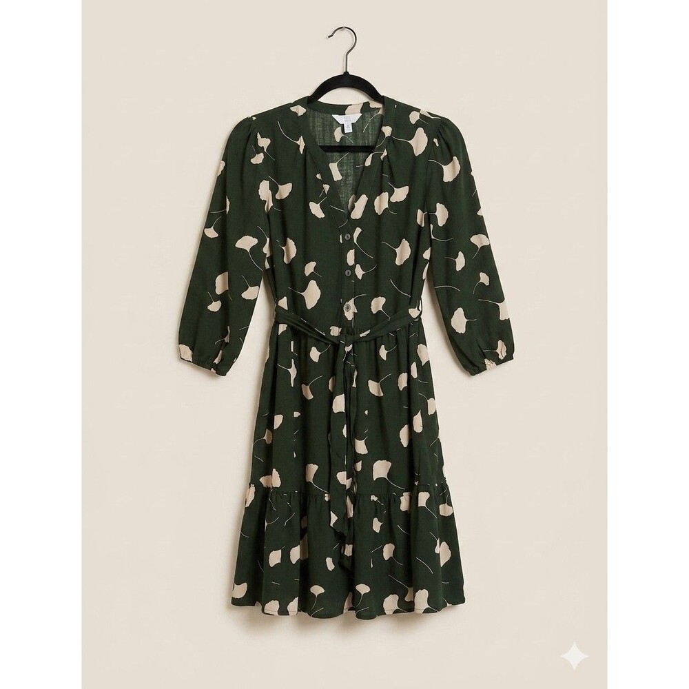 Time and Tru Womens Cotton Tiered Ruffle Dress Sz S Ginkgo Leaf Print Boho